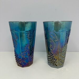 Vintage Set of 2 Indiana Carnival Glass Tumblers Blue Iridescent Harvest Grape